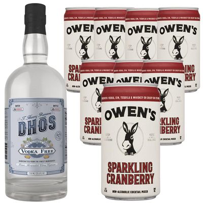 Dh s Handcrafted Non-Alcoholic Vodka 750 ML Bottle w Pack Owen s Mixers Sparkling Cranberry 8.2 OZ Cans - Keto-Friendly, Zero Sugar, Zero Calories, Zero Proof - Perfect for Mocktails - Made in USA