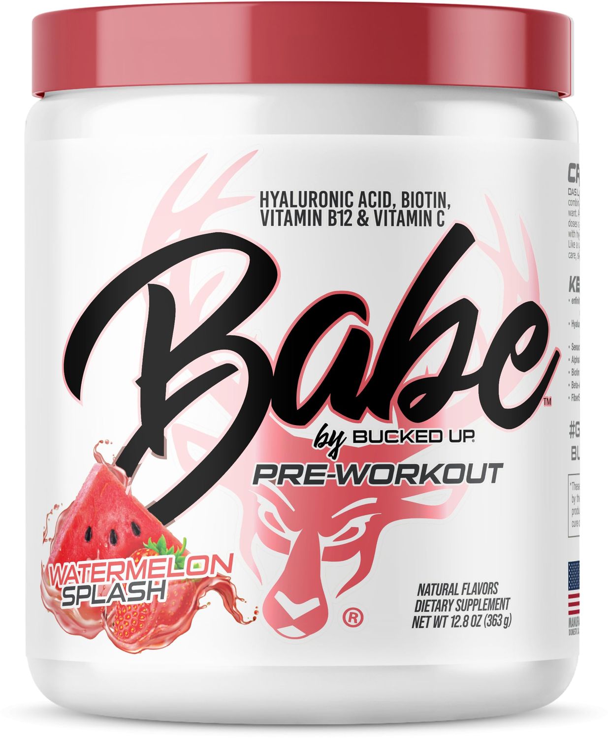 Babe Pre Workout powder for Women Watermelon Splash 6g Citrulline, 2g Beta-Alanine, 100mg Hyaluronic Acid, 5mg Biotin and 5 other registered trademarked ingredients 30 servings 12.8 OZ