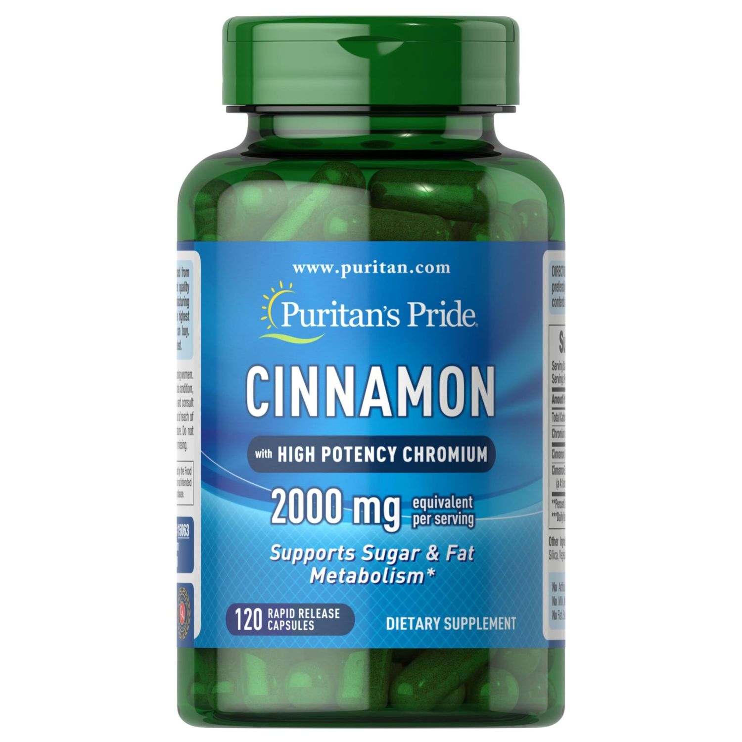 Puritan&#39;s Pride Cinnamon 875 mg (2000 mg Equivalent) with High Potency Chromium, Supports Sugar, Fat, Healthy Nutrient Metabolism, Cellular Energy, Digestive Health, 120 Rapid Release Capsules