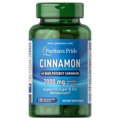 Puritan&#39;s Pride Cinnamon 875 mg (2000 mg Equivalent) with High Potency Chromium, Supports Sugar, Fat, Healthy Nutrient Metabolism, Cellular Energy, Digestive Health, 120 Rapid Release Capsules