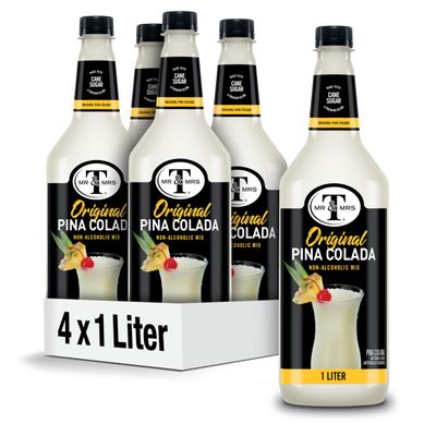 Mr Mrs T Pina Colada Mix, 1 L bottle (Pack of 4), Pineapple and Coconut Blend Flavored Cocktail Mixer, Made with Cane Sugar, Perfect for Traditional Pina Colada and Mocktail Drinks