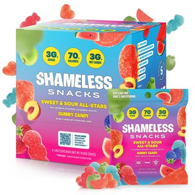 Shameless Snacks Sweet Sour Allstars - Candy Variety Pack Sour Gummy Candy Healthy Vegan Snacks Low Sugar Fruit Snack 6-Pack, Gluten Free Red Raspberry, Watermelon, Peach, Green Apple, Blue Raspberry