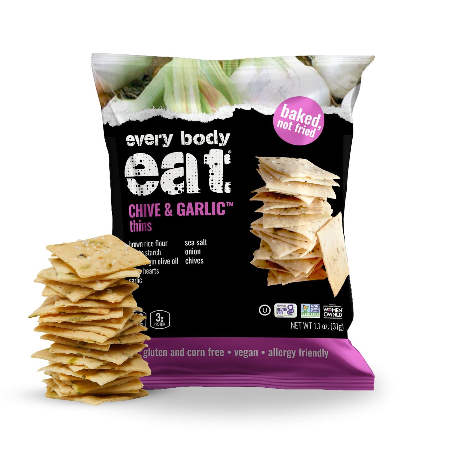 Every Body Eat Snack Thins, Chive Garlic, Gluten Dairy Free, Vegan, School Lunch Snacks, Single Serve (Pack of 20)