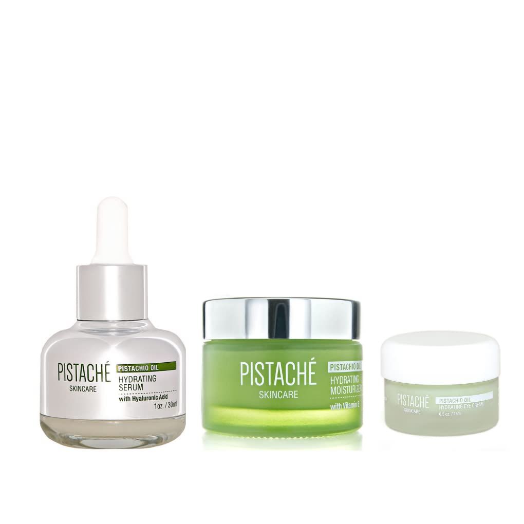 Pistach Skincare Pistachio Oil Ultimate Face Trio Set Eye Cream, Hyaluronic Acid Face Serum Face Moisturizer Hydrates and Nourishes Vitamin E Antioxidant Protection