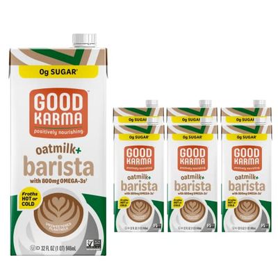 Good Karma Unsweetened Oatmilk Barista Blend, 32 Ounce (Pack of 6), 800mg Omega -3s, Plant-Based Non-Dairy Milk Creamer Alternative with Oats, Flax and Peas, Lactose Free, Vegan, Shelf Stable