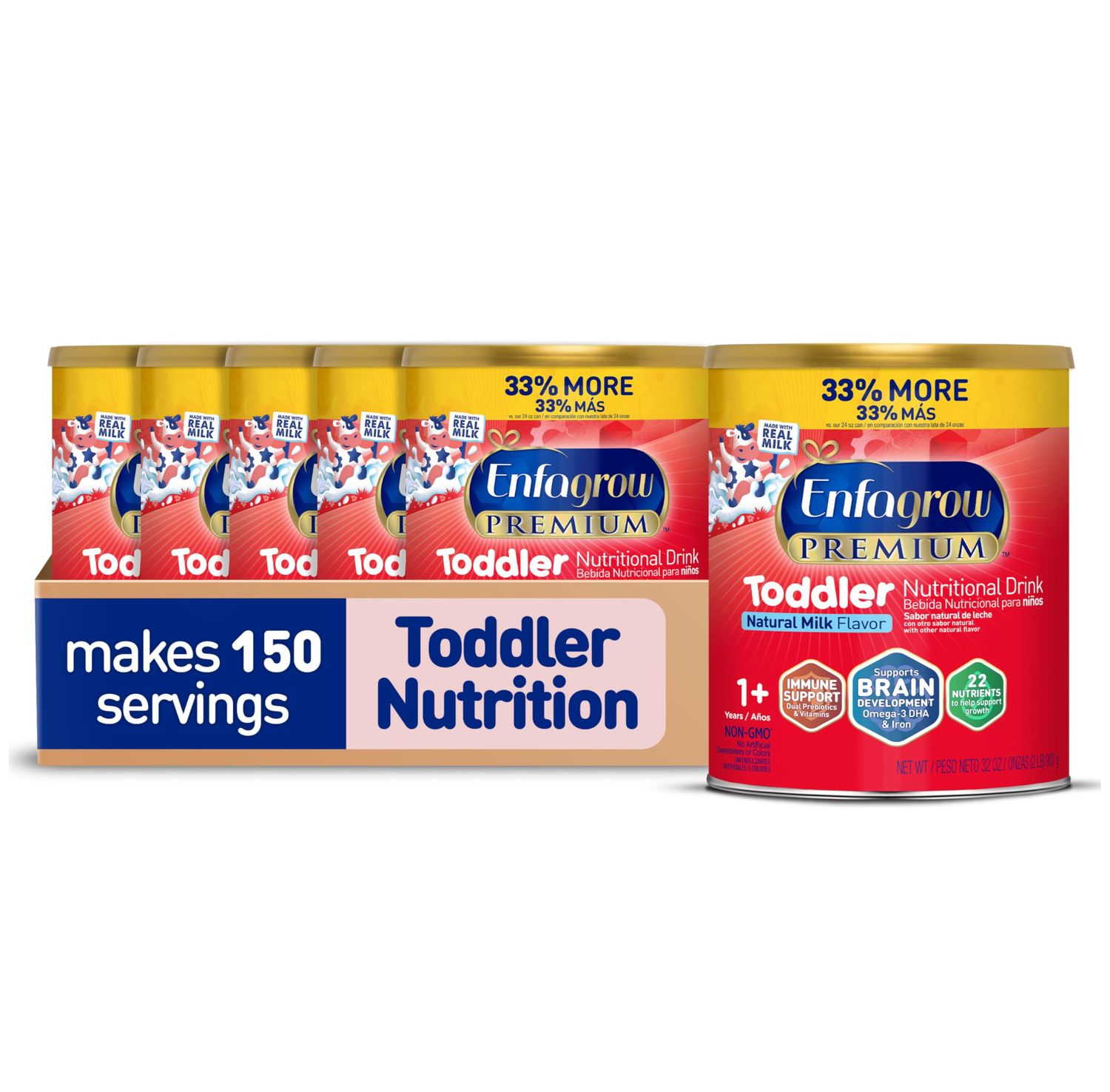 Enfagrow PREMIUM Toddler Nutritional Drink, Made with Real Milk, Brain-Building Omega-3 DHA, Nutrients and Prebiotics for Growth Immune Support, Non-GMO, Toddler Milk Powder, 32 Oz Can, 6 Count
