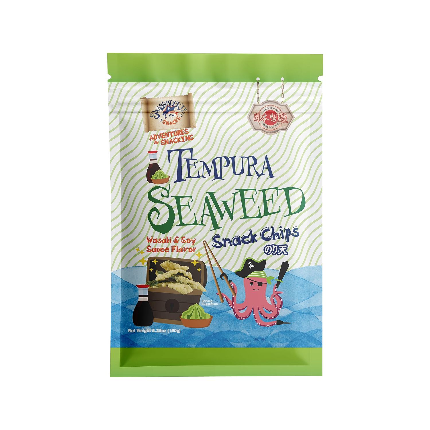 Swashbuckle Snacks Crispy Tempura Seaweed Snack Chips Wasabi and Soy Sauce Flavor 5.29oz (150g)