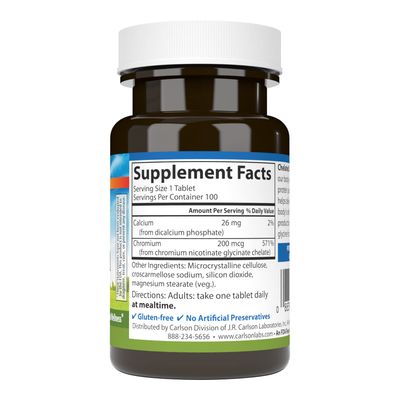 Carlson Chelated Chromium 200 mcg Superior Absorption - Healthy Metabolism Energy Production Optimal Wellness - 100 Tablets