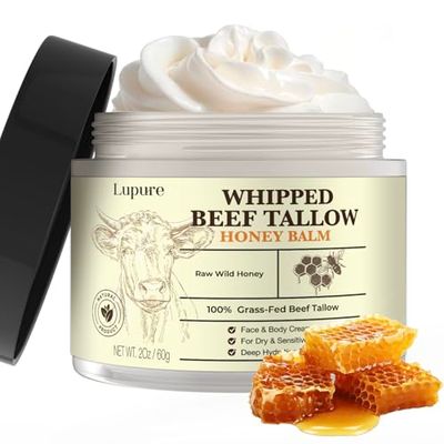 Lupure Beef Tallow Balm for Skin: Whipped Grass Fed Beef Tallow with Honey, Organic All-Natural Face Moisturizer, Hydrating Nourishing Balm for Dry Skin, Eczema Relief, Unscented, Non-Greasy, 2 oz