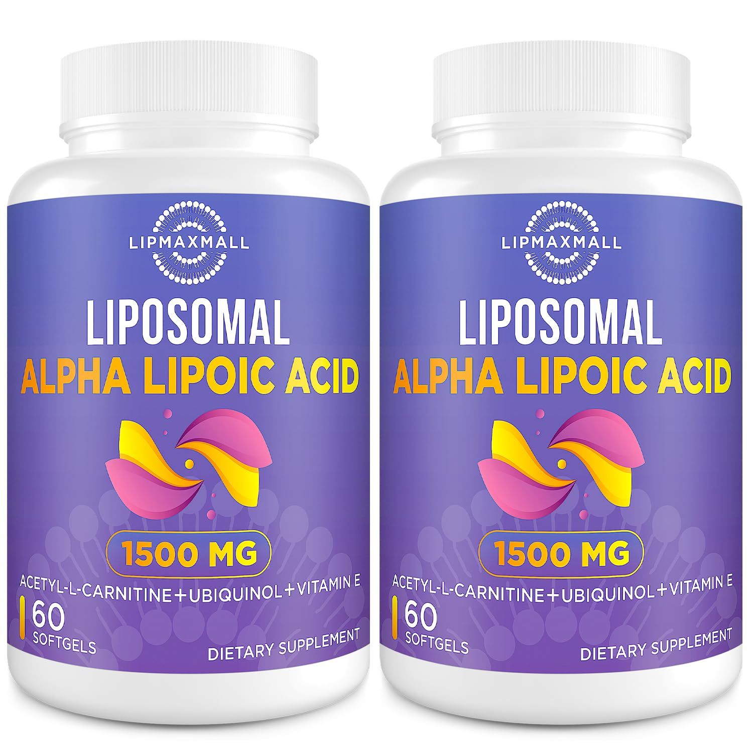 lipmaxmall Liposomal Alpha Lipoic Acid 1500mg - with Acetyl-L-Carnitine 900mg Ubiquinol 100mg Vitamin E 15mg ALA Supplement for Antioxidants Glucose Metabolism Nerve Energy,60 Softgels (2 Bottle)