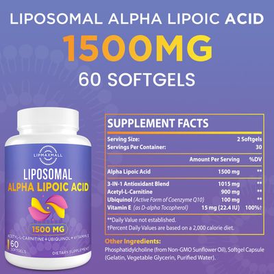 lipmaxmall Liposomal Alpha Lipoic Acid 1500mg - with Acetyl-L-Carnitine 900mg Ubiquinol 100mg Vitamin E 15mg ALA Supplement for Antioxidants Glucose Metabolism Nerve Energy,60 Softgels (2 Bottle)