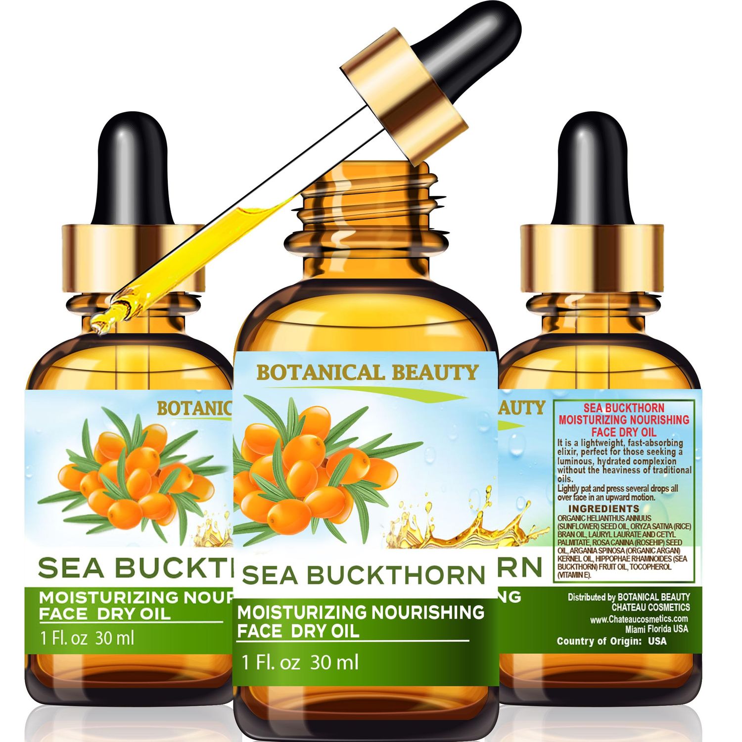 Botanical Beauty SEA BUCKTHORN MOISTURIZING NOURISHING FACE DRY OIL 100 Natural. Rice Bran, Rosehip, Organic Argan, Sea Buckthorn Fruit Oil, Vitamin E. Face Moisturizer, Rejuvenate, Anti-aging