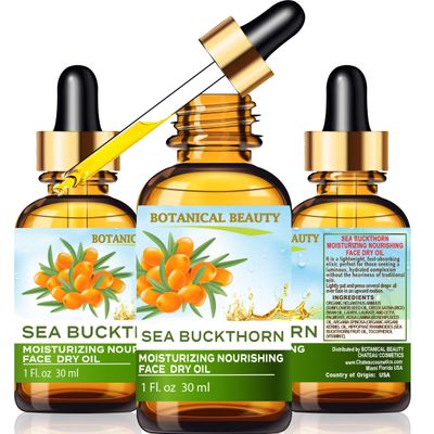 Botanical Beauty SEA BUCKTHORN MOISTURIZING NOURISHING FACE DRY OIL 100 Natural. Rice Bran, Rosehip, Organic Argan, Sea Buckthorn Fruit Oil, Vitamin E. Face Moisturizer, Rejuvenate, Anti-aging
