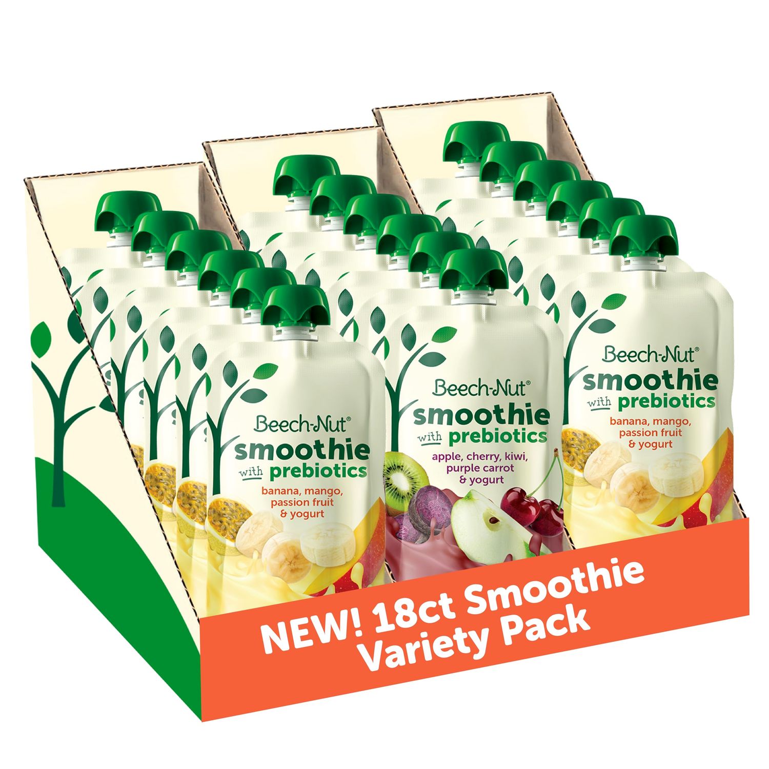 Beech-Nut Toddler Smoothies Variety Pack, Yogurt Smoothies with Prebiotics, Baby Toddler Food Pouches, 3.5 oz (18 Pack)