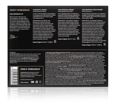 Percy Nobleman Age Defence Kit, a men's skincare set containing Charcoal Face Scrub (with Natural AHAs), ultra-hydrating Facial Serum (with Hyaluronic Acid), and Moisturiser (with Vitamin C)