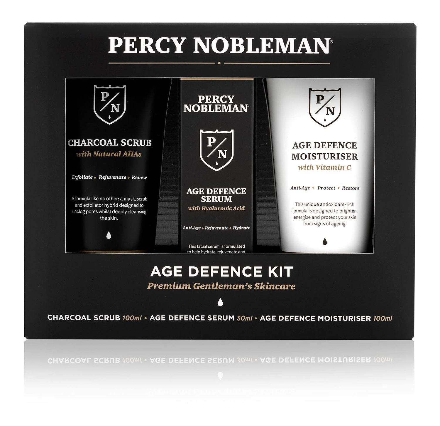 Percy Nobleman Age Defence Kit, a men&#39;s skincare set containing Charcoal Face Scrub (with Natural AHAs), ultra-hydrating Facial Serum (with Hyaluronic Acid), and Moisturiser (with Vitamin C)