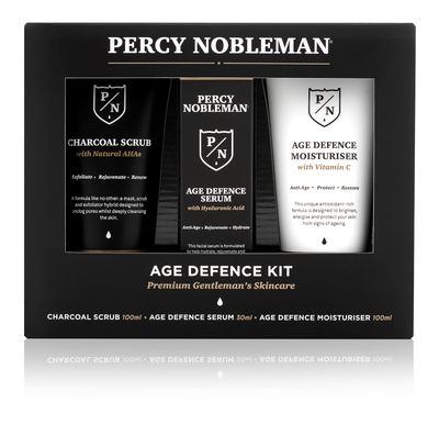 Percy Nobleman Age Defence Kit, a men&#39;s skincare set containing Charcoal Face Scrub (with Natural AHAs), ultra-hydrating Facial Serum (with Hyaluronic Acid), and Moisturiser (with Vitamin C)