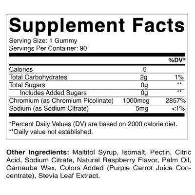 Vitamatic Chromium Picolinate 1000 mcg - 90 Gummies - High Potency Chromium - Raspberry Flavor