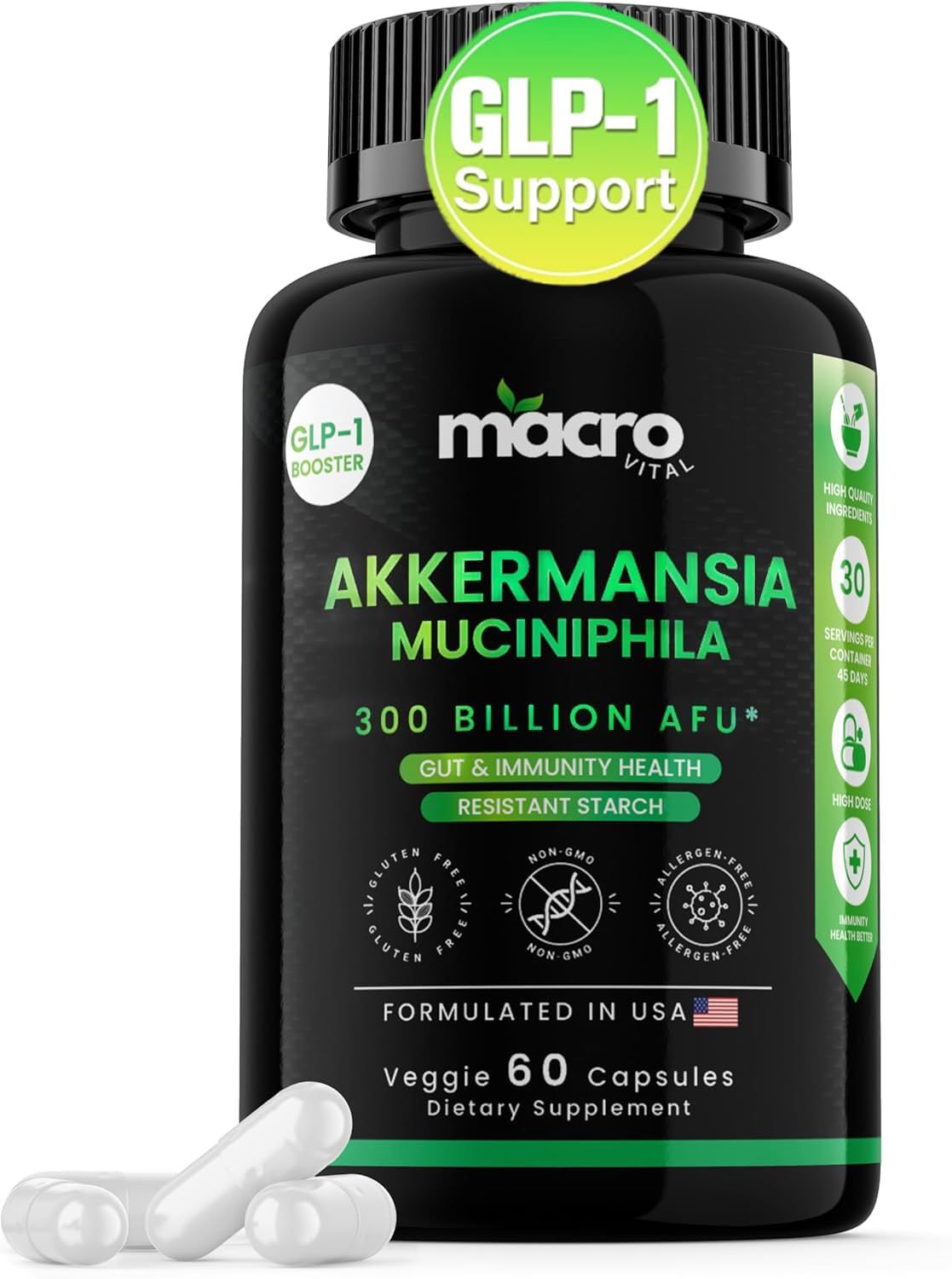 Akkermansia Muciniphila - 300 Billion AFU, GLP-1 Supplement, Akkermansia Probiotic for WomenMen, Akka Superbiotics for GLP-1 Production, Chromium, Vitamin D, Digestive, Gut, Immunity, Veggie 60 Count