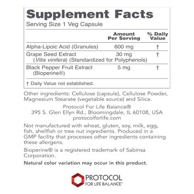 Protocol Alpha Lipoic Acid 600mg - Grape Seed Extract and Bioperine - 60 Veg Caps