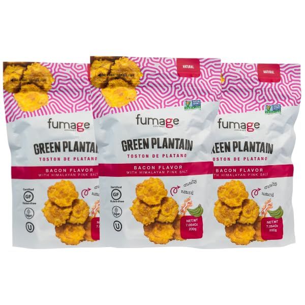 3-Pack of FUMAGE Green Plantain Chips Bacon Flavor: Seasoned with Himalayan Pink Salt. Certified, Vegan, Gluten-Free, Cholesterol-Free, Kosher, and Non-GMO Verified