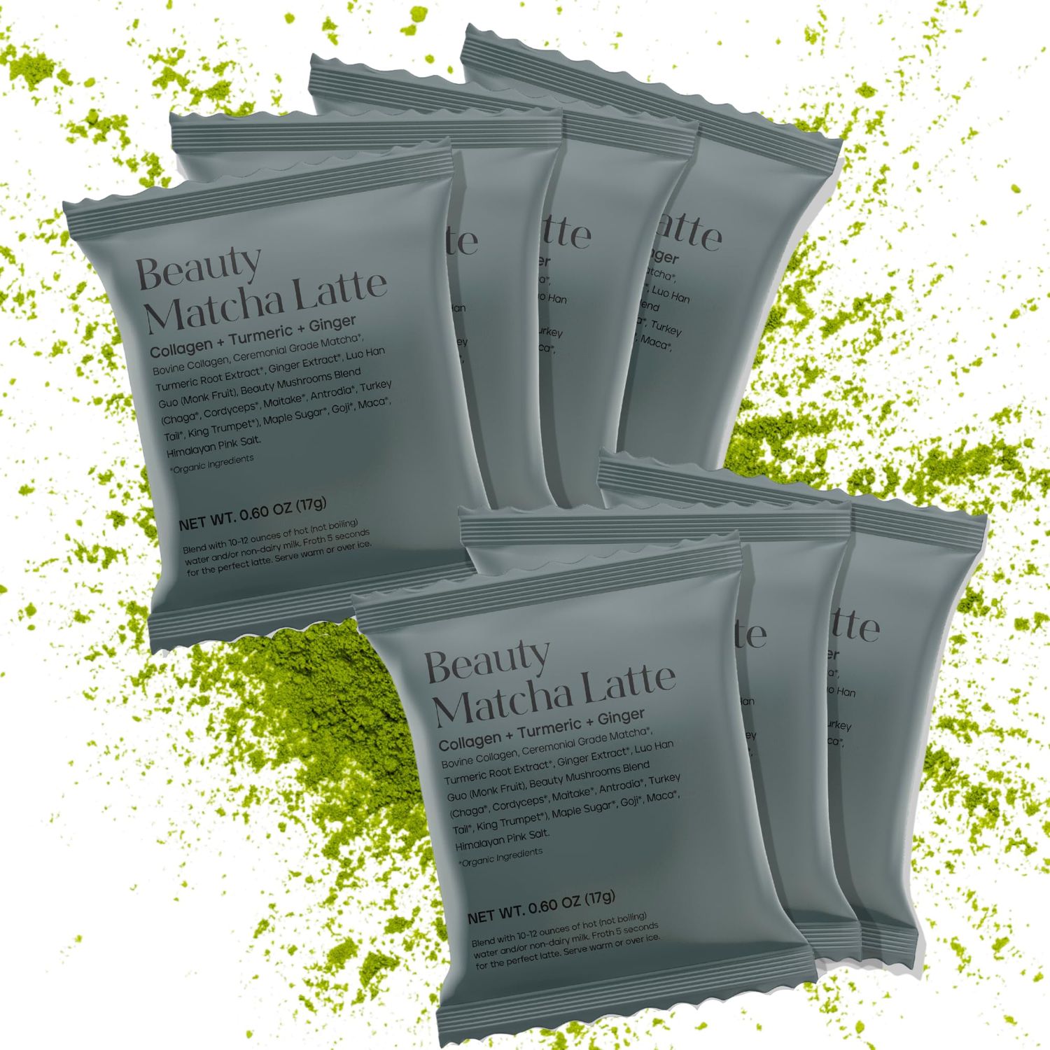 KROMA. Ceremonial Grade Matcha Powder, Gluten Free Green Tea Collagen Powder with Mushrooms, Ginger, Turmeric, L Theanine, Maca, Matcha Latte Powder, Natural Caffeine for Energy Support - 7 Packets