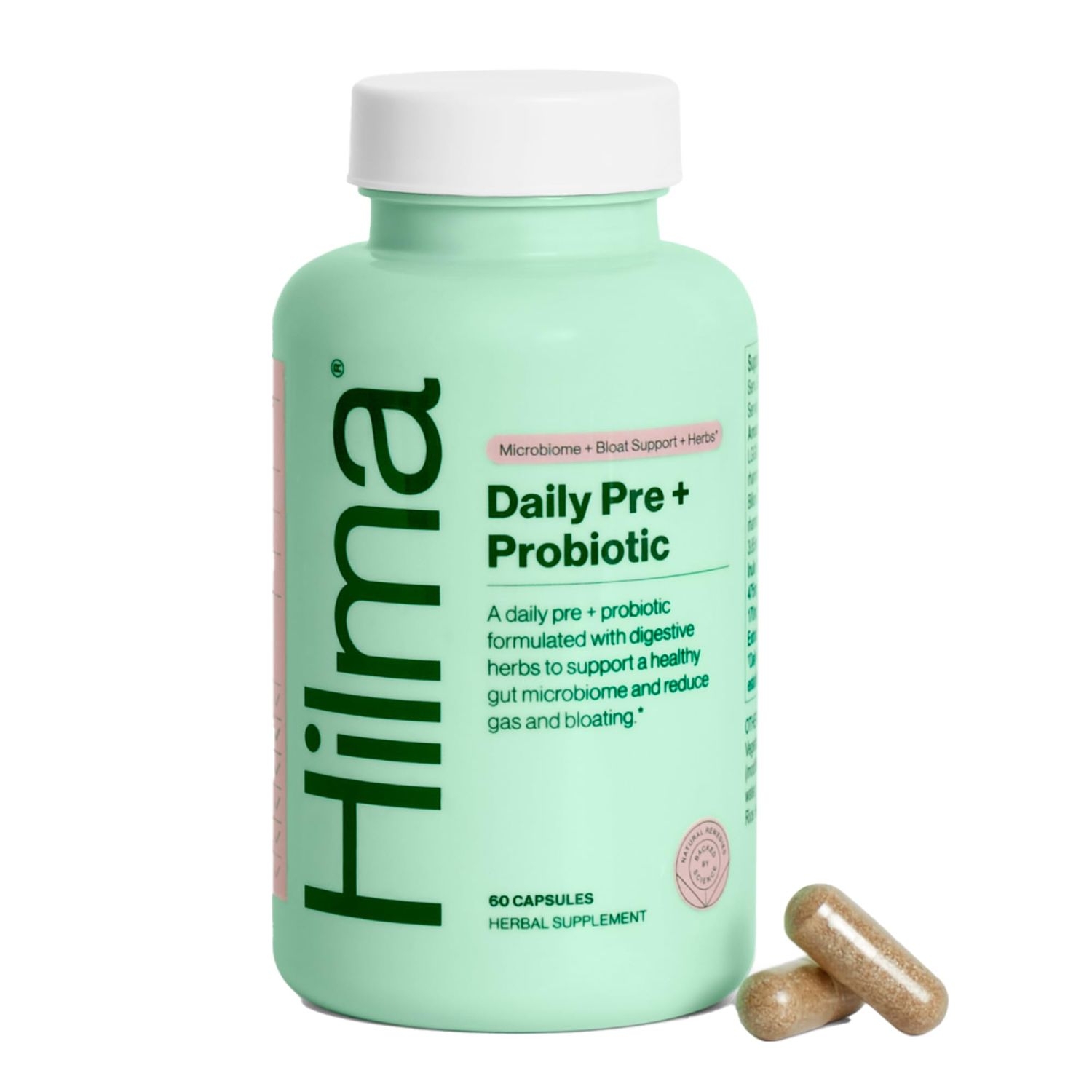 Hilma Pre and Probiotic with Herbs - Support Gut Health with Prebiotics and Probiotics, Plus Gas and Bloating Relief for Women Men, 60 Vegan Capsules