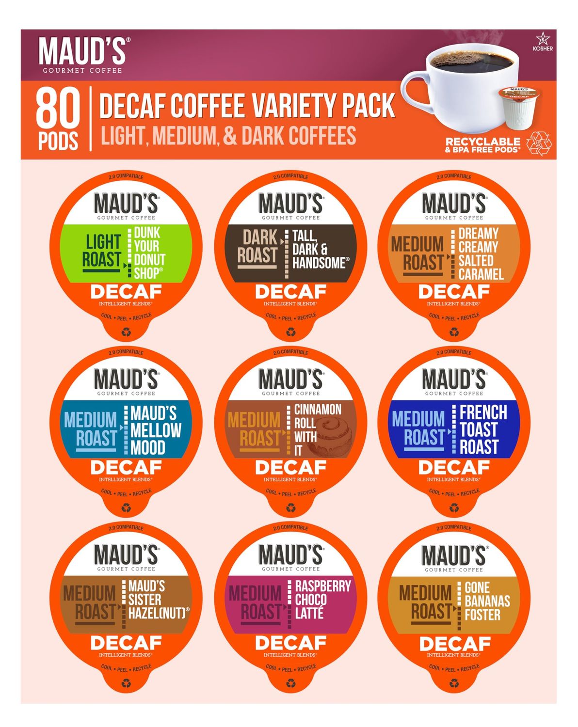 Maud&#39;s Decaf Coffee Pods Variety Pack, 80 ct, 9 Assorted Roasts Flavors, Decaffeinated Medium Roast Coffee in Recyclable Single Serve Pods - 100 Arabica Coffee, Compatible with Keurig K Cups Maker
