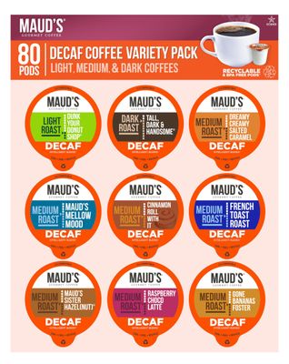 Maud&#39;s Decaf Coffee Pods Variety Pack, 80 ct, 9 Assorted Roasts Flavors, Decaffeinated Medium Roast Coffee in Recyclable Single Serve Pods - 100 Arabica Coffee, Compatible with Keurig K Cups Maker