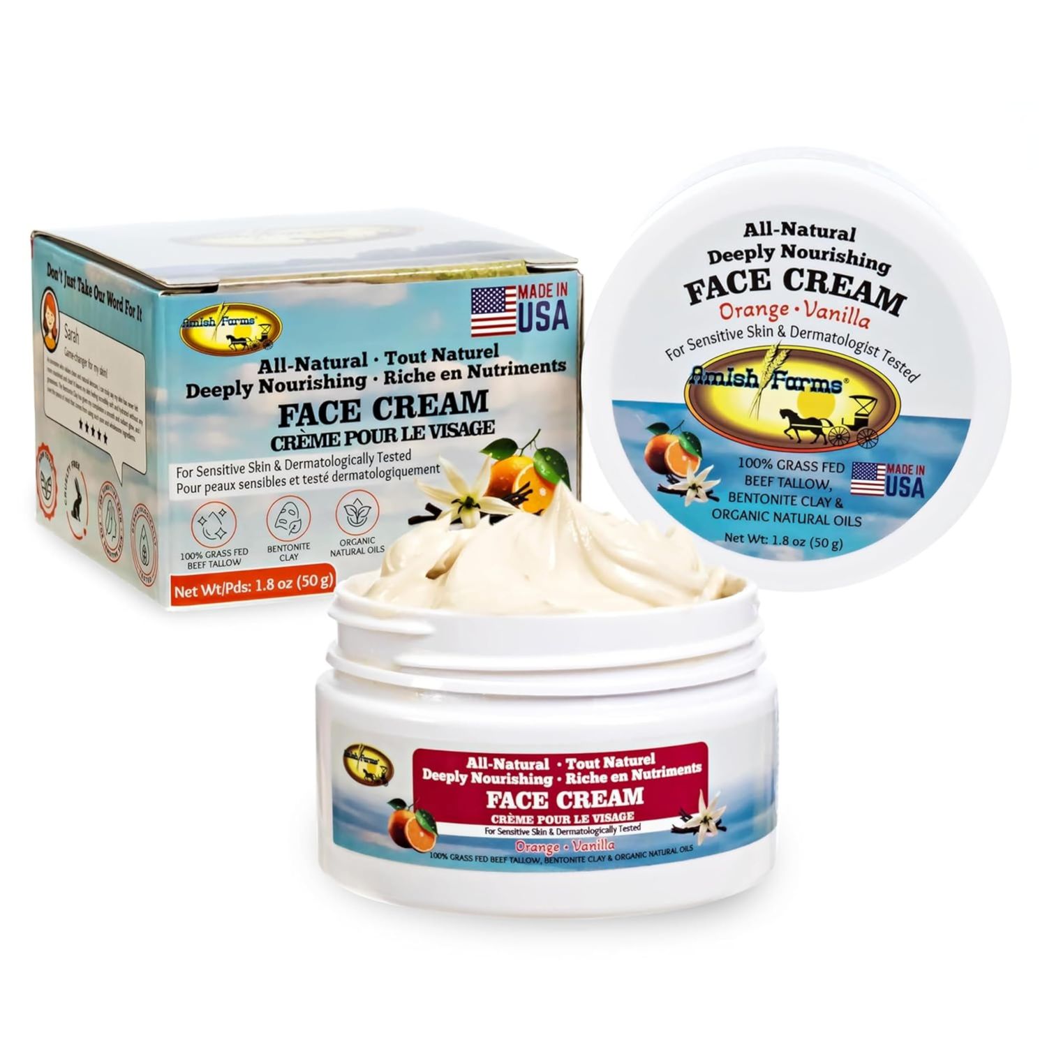 Amish Farms Tallow Face Cream - Handcrafted Beef Tallow for Skin Moisturizer Infused with Natural Ingredients, Orange Vanilla Oils, 100 Grass-Fed Beef Tallow for Hydrated Radiant Skin (50g Jar)