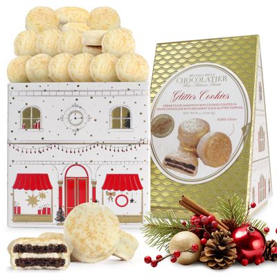Christmas White Chocolate Glitter Cookies Tin - White Chocolate Creme-Filled Sandwich Cookies with Gold Glitter, Festive Food Gifts, Christmas Gifts 8 OZ