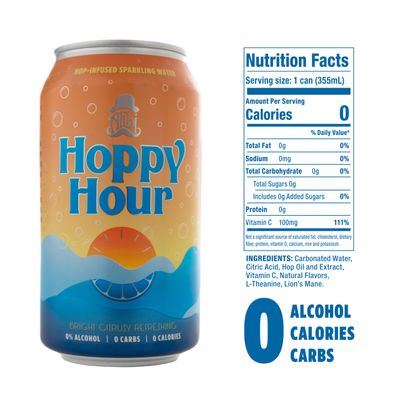 Hoppy Hour Sparkling Hop Water, Non-Alcoholic and Adaptogens Drink, Zero Sugar and Calories, Refreshing Bright Citrus Flavor, 12 oz Cans (12-Pack)