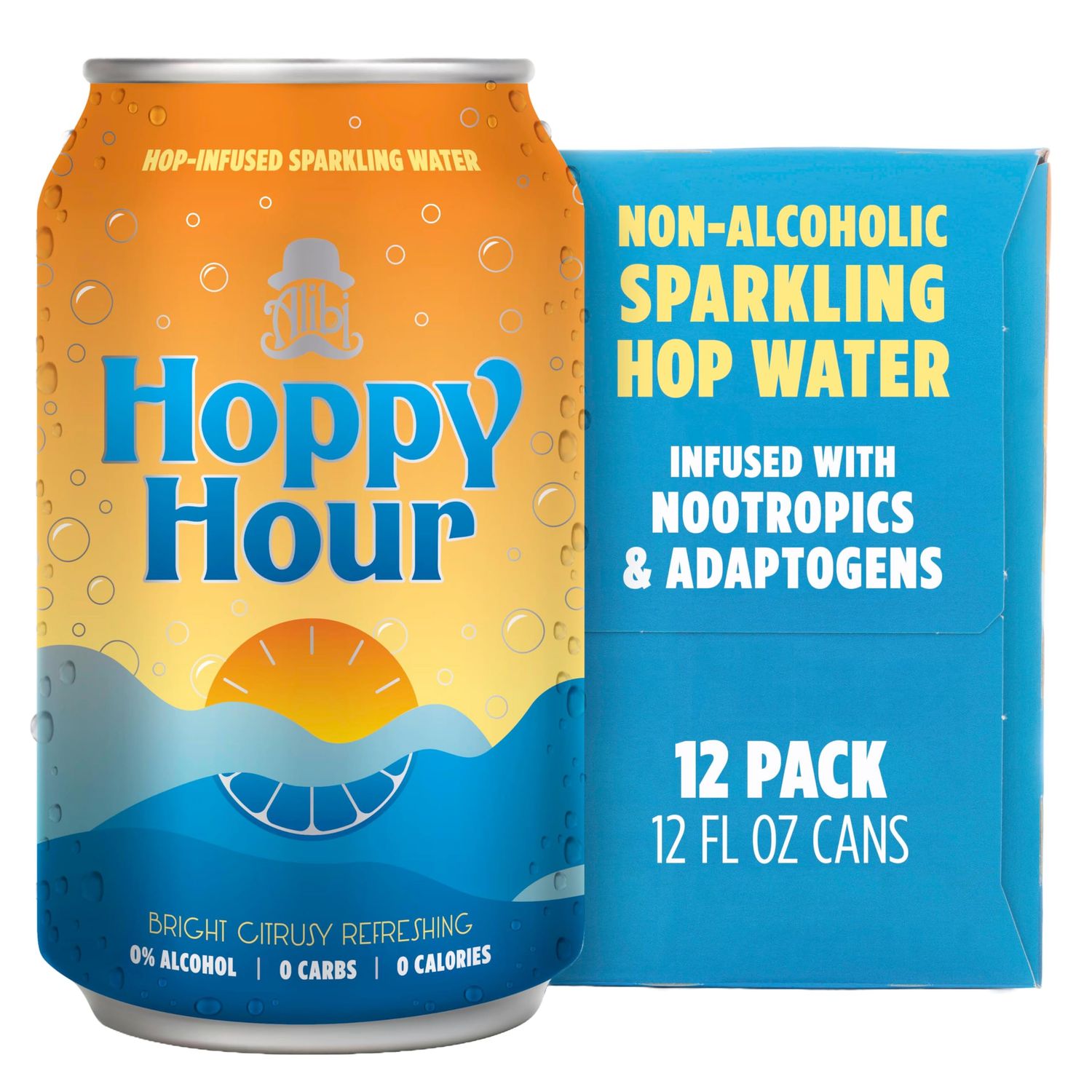 Hoppy Hour Sparkling Hop Water, Non-Alcoholic and Adaptogens Drink, Zero Sugar and Calories, Refreshing Bright Citrus Flavor, 12 oz Cans (12-Pack)