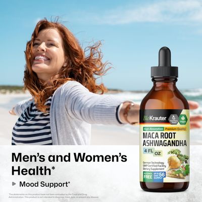 BIO KRAUTER Maca Root and Ashwagandha Tincture - Maca Ashwagandha Supplements for Men Women - Adaptogenic Liquid Supplement for Mood Support - Alcohol and Sugar Free Vegan Drops 4 Fl.Oz.