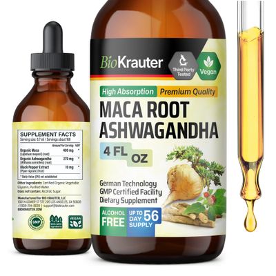 BIO KRAUTER Maca Root and Ashwagandha Tincture - Maca Ashwagandha Supplements for Men Women - Adaptogenic Liquid Supplement for Mood Support - Alcohol and Sugar Free Vegan Drops 4 Fl.Oz.
