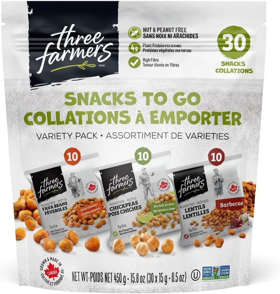 Three Farmers Healthy Variety Snack Packs - Roasted, Never Fried - Protein Rich Zesty Fava, Tangy Chickpeas, BBQ Lentils x 30 Pack - Gluten-Free, Low Calorie, High Fiber, Non-GMO