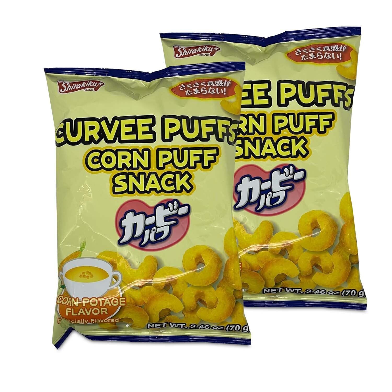 Shirakiku Curvee Corn Puff Snack Natural and Artificial Flavor, Silicon dioxide, Palm oil, Wheat, Onion Authentic Japanese Snacks in Cheese Flavor 2.46 oz Pack of 2&quot;