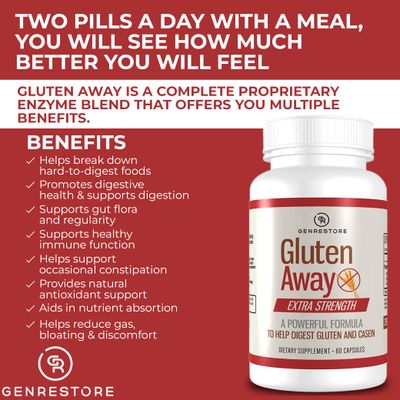Gluten Away Dietary Supplement - Extra Strength Digestive Enzyme Health Gluten Casein, Slower Digestion Release Protein Amino Acid in Bloodstream for Men and Women - 60 Capsules.