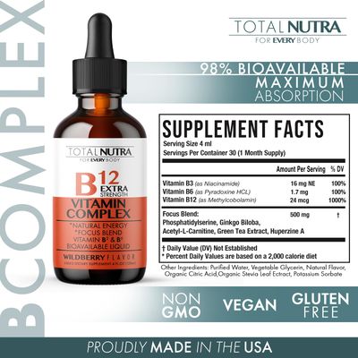 Extra Strength Liquid B12 Vitamin Drops- Vitamins B12, B6, B3- Vegan and Non GMO- Instant Energy, Focus Metabolism Support with Green Tea, Carnitine Ginkgo Biloba- Alternative to B Complex Capsule