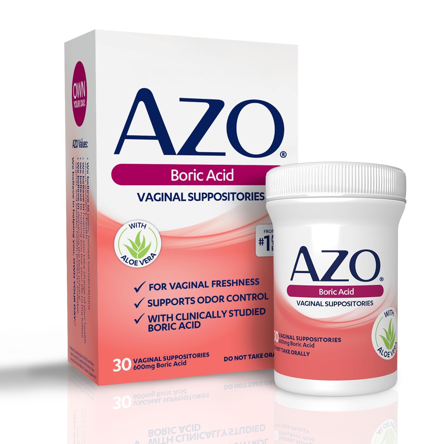 AZO Boric Acid Vaginal Suppositories, Helps Support Odor Control and Intimate Health with Clinically Studied Boric Acid, Non-GMO, 30 Count