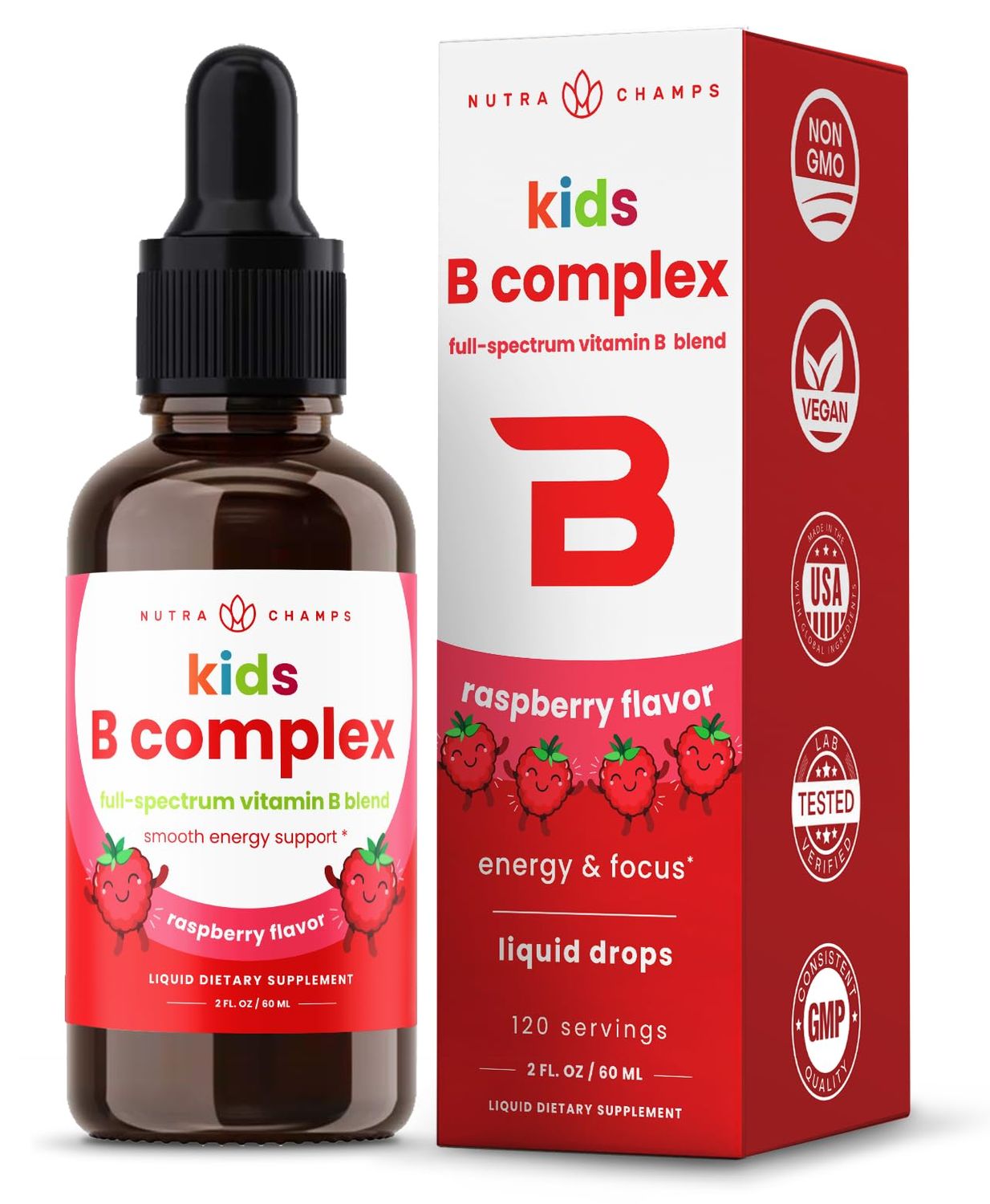 NutraChamps Vitamin B Complex for Kids, B1, B2, B3, B6, B7, B9 Methyl B12, Kids B Complex Liquid Drops Supplement, Energy, Focus, Metabolism, Natural Berry, 120 Servings, 4 Month Supply