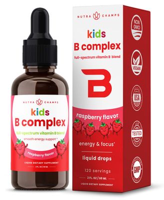 NutraChamps Vitamin B Complex for Kids, B1, B2, B3, B6, B7, B9 Methyl B12, Kids B Complex Liquid Drops Supplement, Energy, Focus, Metabolism, Natural Berry, 120 Servings, 4 Month Supply