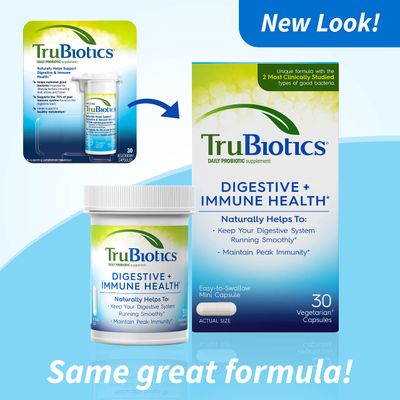 TruBiotics Probiotics for Digestive Immune Health, Supports Regularity Helps Relieve Abdominal Discomfort, Gas Bloating, 2 Clinically Studied Probiotic Strains, Plus Prebiotics, 30 Capsules