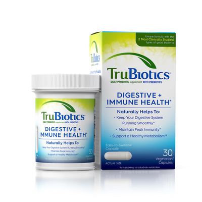 TruBiotics Probiotics for Digestive Immune Health, Supports Regularity Helps Relieve Abdominal Discomfort, Gas Bloating, 2 Clinically Studied Probiotic Strains, Plus Prebiotics, 30 Capsules
