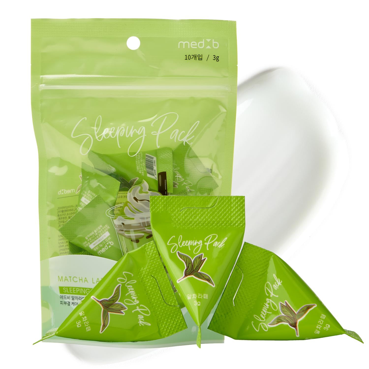 MEDB Matcha Latte Sleeping Pack Hydrating Soothing Korean Skin Care Night Mask with Niacinamide, Green Tea Extract Hyaluronic Acid for Smooth, Radiant Youthful Skin 10 Sachets (3g Each)