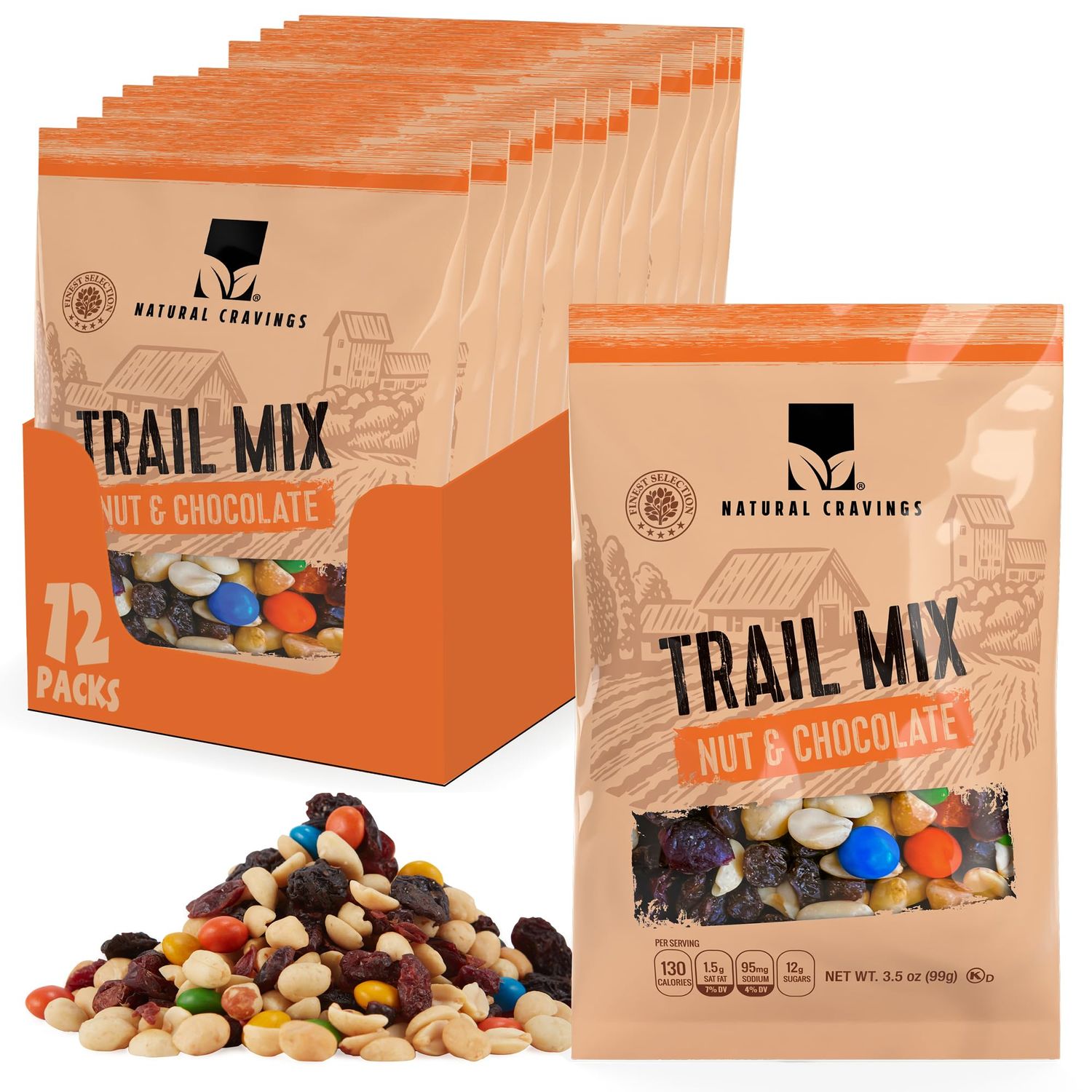 Natural Cravings Trail Mix Snack Packs - Individual 3.5 oz Bags - Nuts Chocolate Dried Fruit Mix Nuts Mix with Peanuts, Dried Cranberries, Raisins, Chocolate Gems - Trail Mix Individual Packs