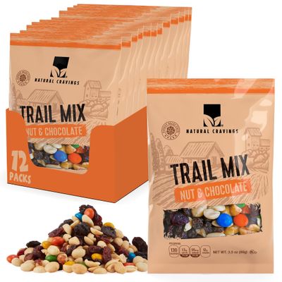 Natural Cravings Trail Mix Snack Packs - Individual 3.5 oz Bags - Nuts Chocolate Dried Fruit Mix Nuts Mix with Peanuts, Dried Cranberries, Raisins, Chocolate Gems - Trail Mix Individual Packs
