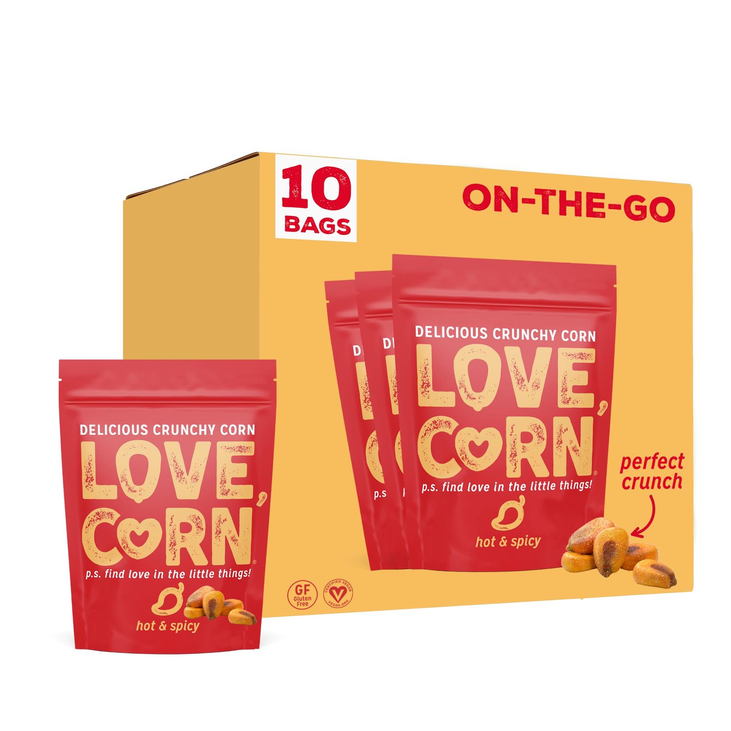 LOVE CORN Hot Spicy 1.6oz x 10 Bags - Delicious Crunchy Corn - Healthy Family Snacks - Gluten Free, Kosher, NON-GMO - Alternative for Chips, Nuts, Crackers Pretzels - Perfect for Charcuterie Boards