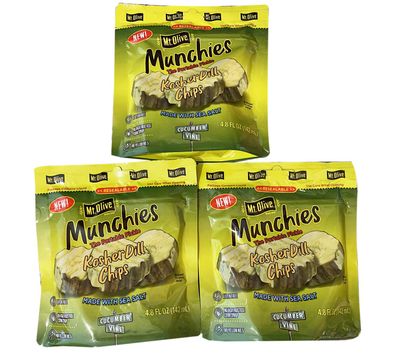 Mt.Olive Munchies Chips 4.8 Fl. Oz Pack Of 3! Kosher Dill Chips Snack! Made With Sea Salt And Natural Ingredients! Gluten Free Dill Pickle Chips! (3 Kosher Dill)