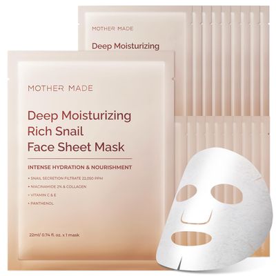 MOTHER MADE Moisturizing Anti-aging Snail Mucin Face Masks 20 EA, with Collagen, Niacinamide 2, Squalane, Face Mask for Dry, Sensitive Skin, Stocking Stuffers, Self Care, Korean Skincare